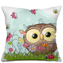 Cute Cartoon Owl On A Meadow Pillows 170431446