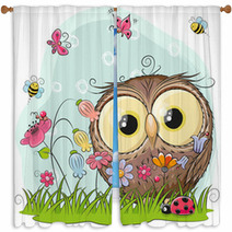 Cute Cartoon Owl On A Meadow Window Curtains 170431446