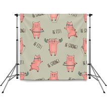Cute Cartoon Pigs Exercising Seamless Pattern Vector Fitness Print Backdrops 211066260