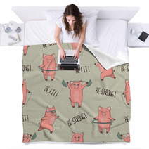 Cute Cartoon Pigs Exercising Seamless Pattern Vector Fitness Print Blankets 211066260