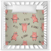 Cute Cartoon Pigs Exercising Seamless Pattern Vector Fitness Print Nursery Decor 211066260
