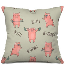 Cute Cartoon Pigs Exercising Seamless Pattern Vector Fitness Print Pillows 211066260