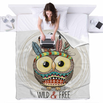 Cute Cartoon Tribal Owl With Feathers Blankets 228266442