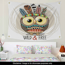 Cute Cartoon Tribal Owl With Feathers Wall Art 228266442