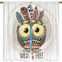 Cute Cartoon Tribal Owl With Feathers Window Curtains 228266442