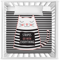 Cute Cat With Quote Stripes Go With Everything Fashion Design T Shirt Print Nursery Decor 110450350