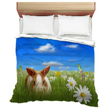 Cute Fluffy Bunny Beside A Flower Hiding On Grass Bedding 32612532