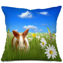 Cute Fluffy Bunny Beside A Flower Hiding On Grass Pillows 32612532