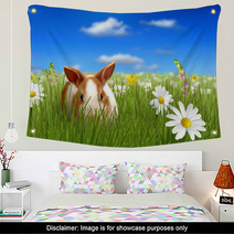 Cute Fluffy Bunny Beside A Flower Hiding On Grass Wall Art 32612532
