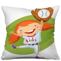 Cute Girl Catching A Baseball Pillows 67236776