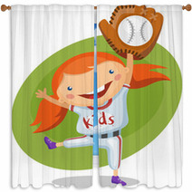 Cute Girl Catching A Baseball Window Curtains 67236776