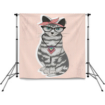 Cute Hipster Rockabilly Cat With Head Scarf, Glasses And Necklac Backdrops 63019239