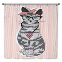 Cute Hipster Rockabilly Cat With Head Scarf, Glasses And Necklac Bath Decor 63019239