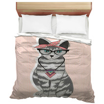 Cute Hipster Rockabilly Cat With Head Scarf, Glasses And Necklac Bedding 63019239