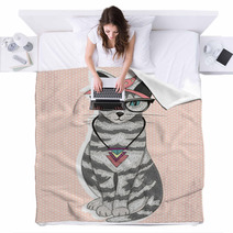 Cute Hipster Rockabilly Cat With Head Scarf, Glasses And Necklac Blankets 63019239