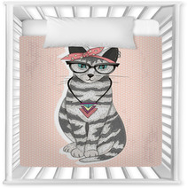 Cute Hipster Rockabilly Cat With Head Scarf, Glasses And Necklac Nursery Decor 63019239