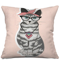 Cute Hipster Rockabilly Cat With Head Scarf, Glasses And Necklac Pillows 63019239