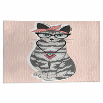 Cute Hipster Rockabilly Cat With Head Scarf, Glasses And Necklac Rugs 63019239