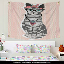 Cute Hipster Rockabilly Cat With Head Scarf, Glasses And Necklac Wall Art 63019239