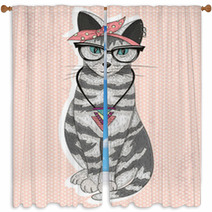 Cute Hipster Rockabilly Cat With Head Scarf, Glasses And Necklac Window Curtains 63019239