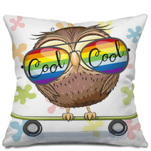 Cute Owl With Sun Glasses On A Skateboard Pillows 202437796
