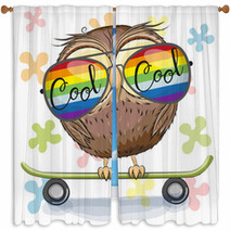 Cute Owl With Sun Glasses On A Skateboard Window Curtains 202437796