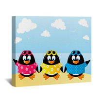 Cute Penguins On Sea Background Wall Art 65743488