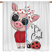 Cute Pig With Sun Glasses Window Curtains 200261964