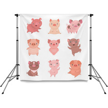 Cute Piggies Collection Vector Illustration Of Funny Cartoon Pigs In Different Poses Isolated On White Backdrops 230045628