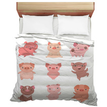 Cute Piggies Collection Vector Illustration Of Funny Cartoon Pigs In Different Poses Isolated On White Bedding 230045628