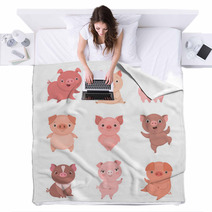 Cute Piggies Collection Vector Illustration Of Funny Cartoon Pigs In Different Poses Isolated On White Blankets 230045628