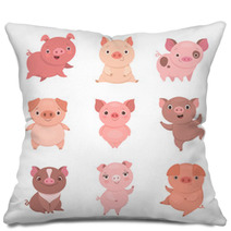 Cute Piggies Collection Vector Illustration Of Funny Cartoon Pigs In Different Poses Isolated On White Pillows 230045628