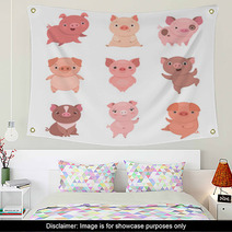 Cute Piggies Collection Vector Illustration Of Funny Cartoon Pigs In Different Poses Isolated On White Wall Art 230045628