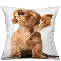 Cute Puppy Listening To Music On A Head Set Pillows 5684305