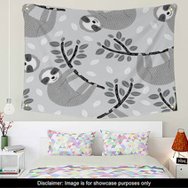 Cute Sloths On Leafy Branches Pattern Wall Art 222388235