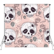 Cute Tattoo Style Skull Seamless Patten Skull With Flowers And Backdrops 105605560