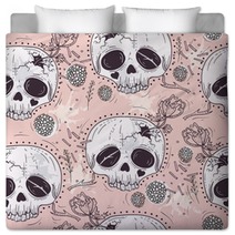 Cute Tattoo Style Skull Seamless Patten Skull With Flowers And Bedding 105605560
