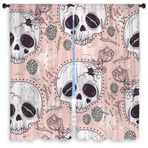 Cute Tattoo Style Skull Seamless Patten Skull With Flowers And Window Curtains 105605560