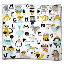 Cute Vector Zoo Alphabet Poster With Latin Letters And Cartoon Animals Set Of Kids Abc Elements In Scandinavian Style Blankets 215552226
