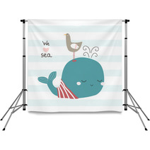 Cute Whale And Seagull With Slogan Vector Hand Drawn Illustration Backdrops 209339878