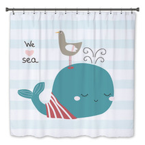 Cute Whale And Seagull With Slogan Vector Hand Drawn Illustration Bath Decor 209339878