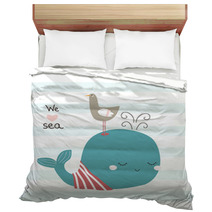 Cute Whale And Seagull With Slogan Vector Hand Drawn Illustration Bedding 209339878