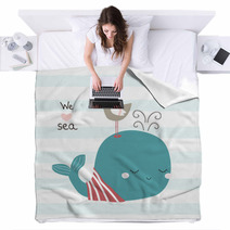 Cute Whale And Seagull With Slogan Vector Hand Drawn Illustration Blankets 209339878