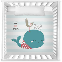 Cute Whale And Seagull With Slogan Vector Hand Drawn Illustration Nursery Decor 209339878