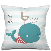 Cute Whale And Seagull With Slogan Vector Hand Drawn Illustration Pillows 209339878