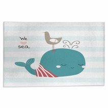 Cute Whale And Seagull With Slogan Vector Hand Drawn Illustration Rugs 209339878