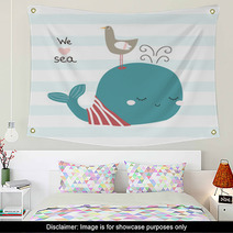 Cute Whale And Seagull With Slogan Vector Hand Drawn Illustration Wall Art 209339878