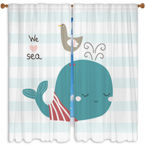Cute Whale And Seagull With Slogan Vector Hand Drawn Illustration Window Curtains 209339878