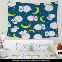 Cute White Sheeps At Night Seamless Pattern Wall Art 45513454