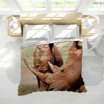 Cute Wild Baby White Rhino Playing With It's Mothers Horn Bedding 65856034